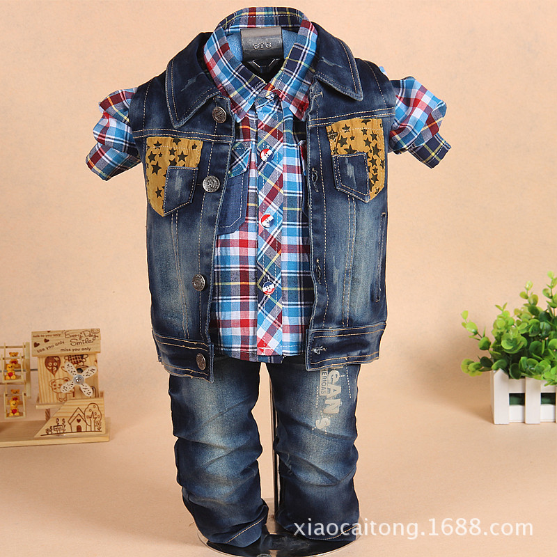 广州童装 2014新春款<em>牛仔马甲</em>三件套 <em>韩版</em>衬衣