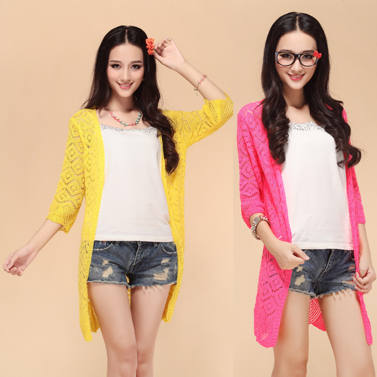 春夏新款韩版<em>菱形纹</em>镂空薄针织<em>开衫</em>中长款<em>外套</em>