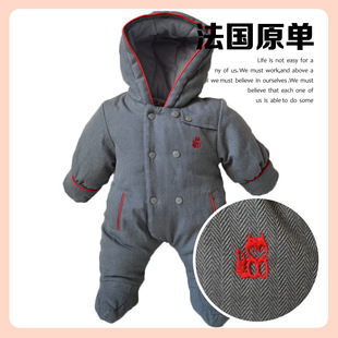 法国原单宝宝长袖加厚冬爬服柔软舒适纯棉冬季宝宝带手套连体爬服