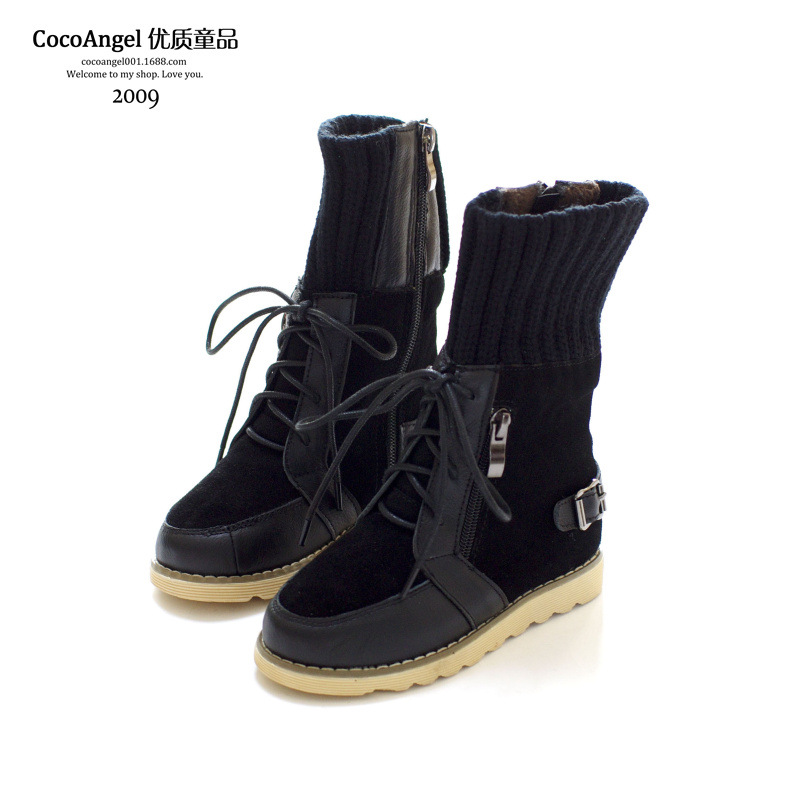 2014冬款 儿童靴子 男童女童英伦风超质感真皮中筒靴 加绒棉靴 黑