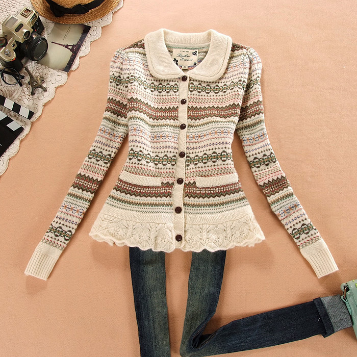 装新款批发女装英伦学院风提花<em>翻领羊毛开衫</em>T