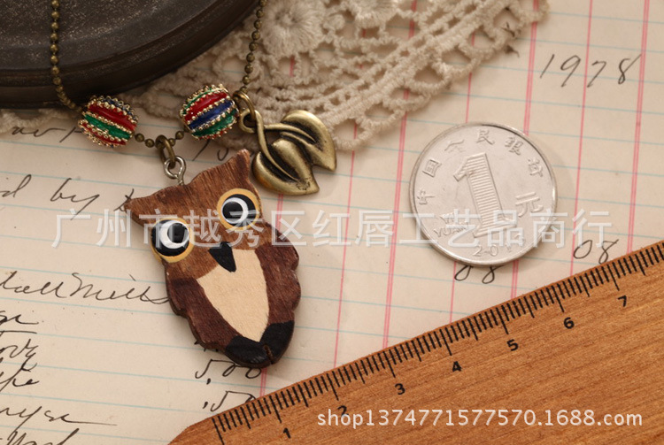 复古文艺<em>挂链</em> <em>木</em>猫头鹰吊坠项链 长款<em>毛衣</em>链 棉