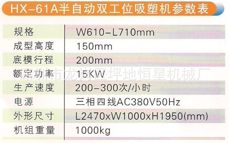 HX-61A半自動(dòng)雙工位吸塑成型機(jī)參數(shù)