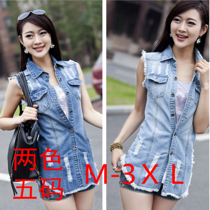 韩版中长款修身牛仔<em>马甲女春夏</em>磨破流苏马夹背