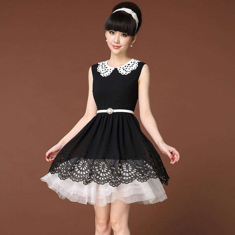 2014新款女装夏季<em>连衣裙</em>娃娃领雪纺<em>修身裙子</em>