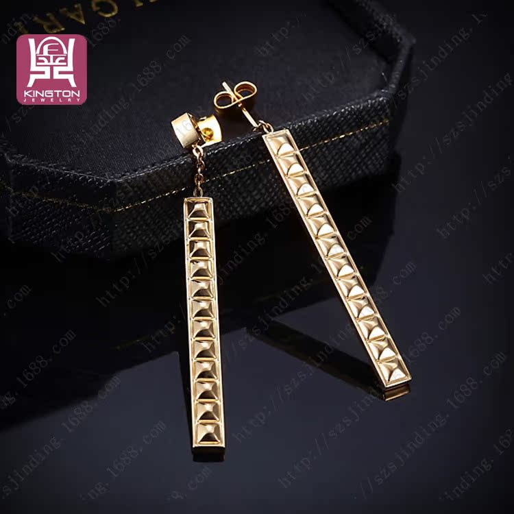 欧美新款 个性条形菱波纹耳线耳坠 长款钛钢真空电镀黄金色耳饰