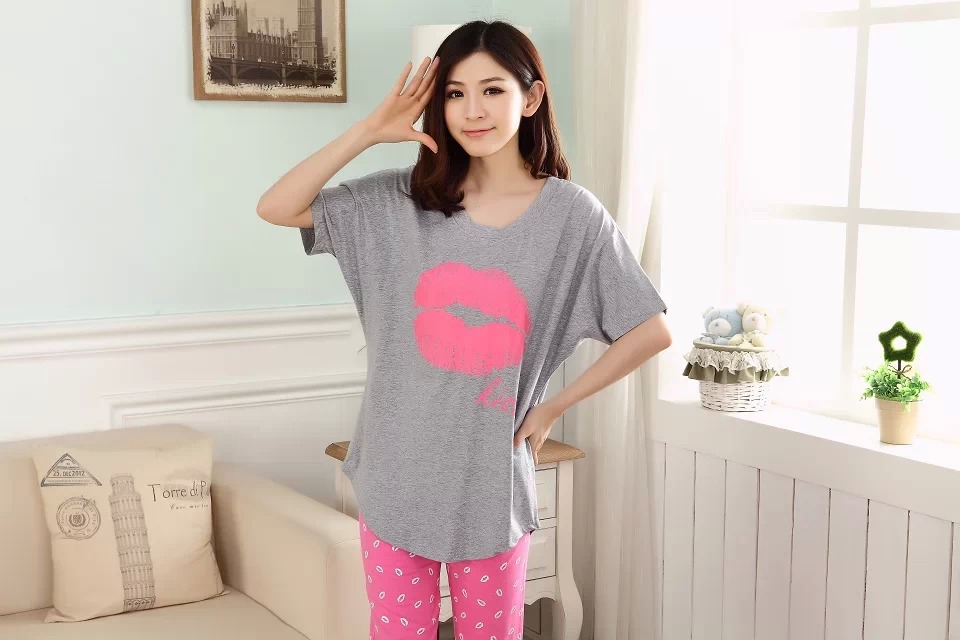 韩国pink<em>睡衣套装家居服女士</em>短袖大嘴唇印kis
