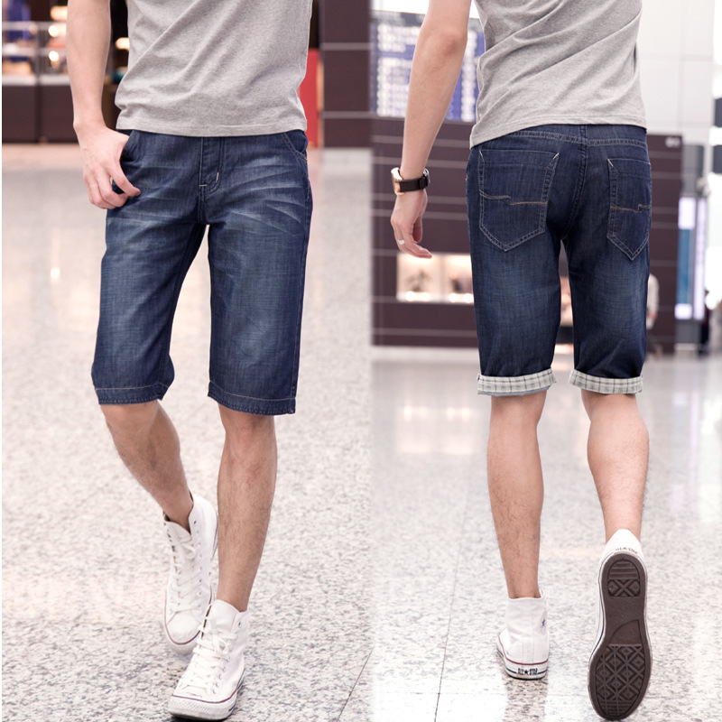 男式牛仔<em>短裤男</em>中裤<em>韩版</em>潮直筒五分裤格子翻边
