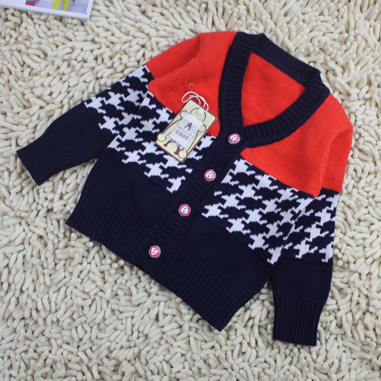 童毛衣-2014秋冬<em>新款</em>全棉 千鸟格男童<em>针织开衫</em>