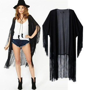 2014新款女装复古性感纯色雪纺<em>流苏长款开衫</em>