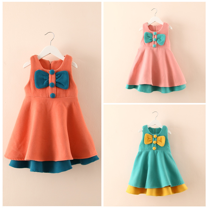 新款 女童中小童宝宝呢子蝴蝶结<em>马甲连衣裙背</em>