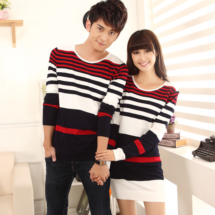 品中长款毛衣女圆领打底条纹长袖毛衣情侣装
