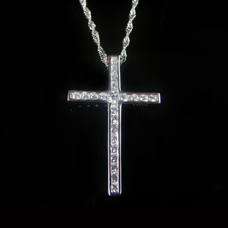 批发S925纯银十字架项链基督教超闪满钻锆石