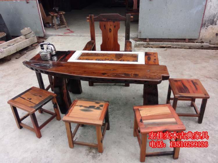 【老船木户外休闲茶台 实木功夫茶几组合 仿古