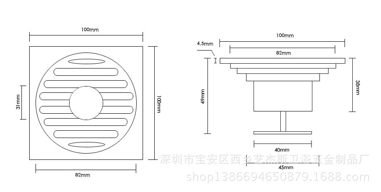 艺杰斯批发 浴室铜地漏 卫生间方形防臭铜地漏 高档全铜地漏防臭