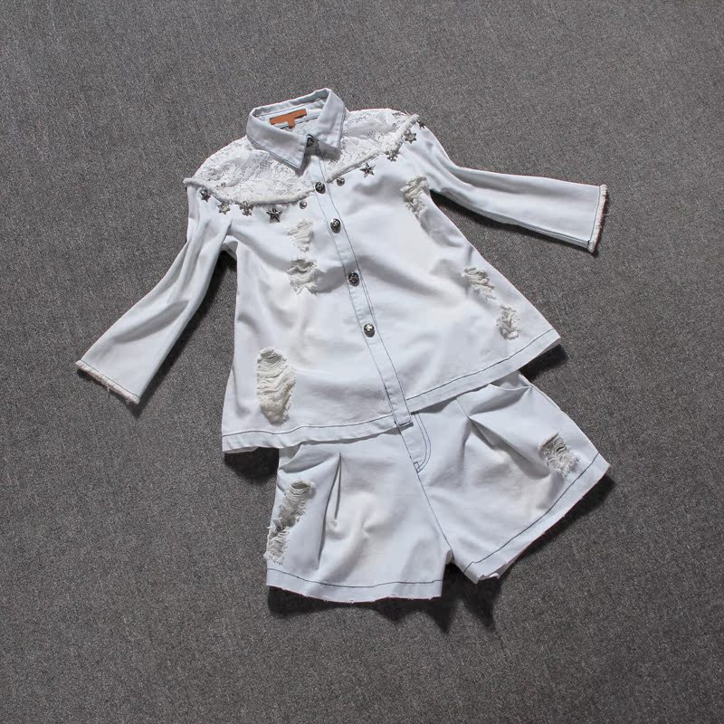 欧洲站2014<em>女装新款</em>蕾丝拼接徽章牛仔<em>外套短</em>