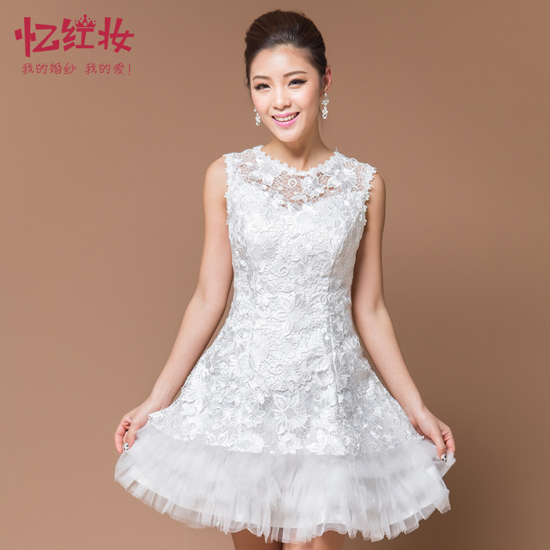 <em>伴娘服</em>短款2014新款<em>晚礼服</em>蕾丝短款白色一字