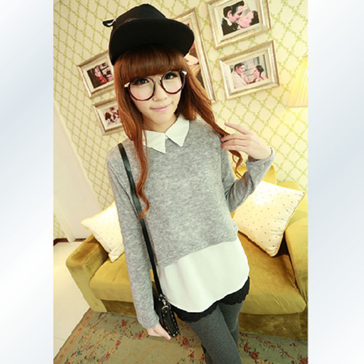 2014新款 韩版女式套头<em>毛衣</em>长袖<em>衬衣领</em>针织衫