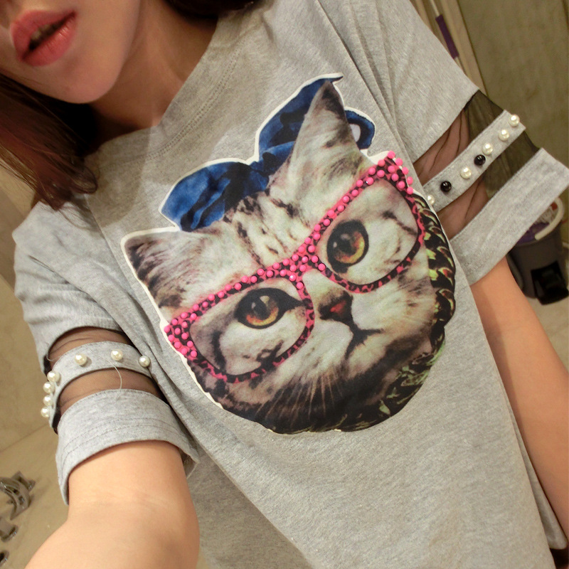 少女T恤 可爱猫头短袖 珍珠装饰 外贸品质 图片