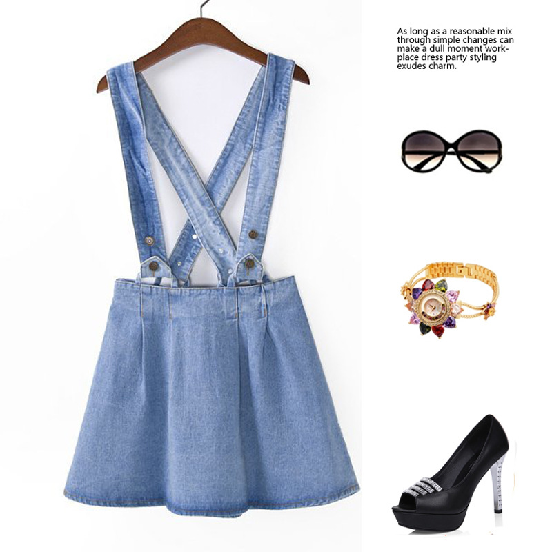 M501403新款欧美女装 女士背带裙 牛仔半身裙