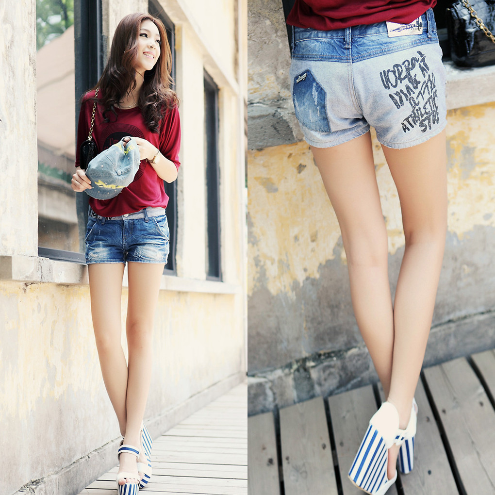 新款女装韩国街头潮品深浅反色字母牛仔<em>短裤</em>热
