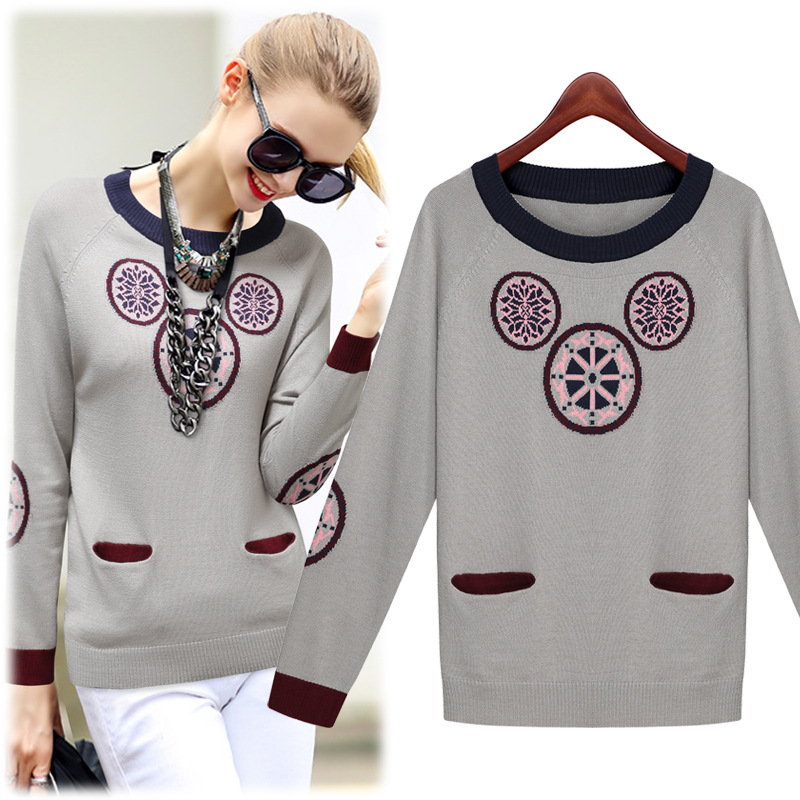 秋欧美女装撞色拼接图案学院薄<em>款毛衣 图片</em>_高