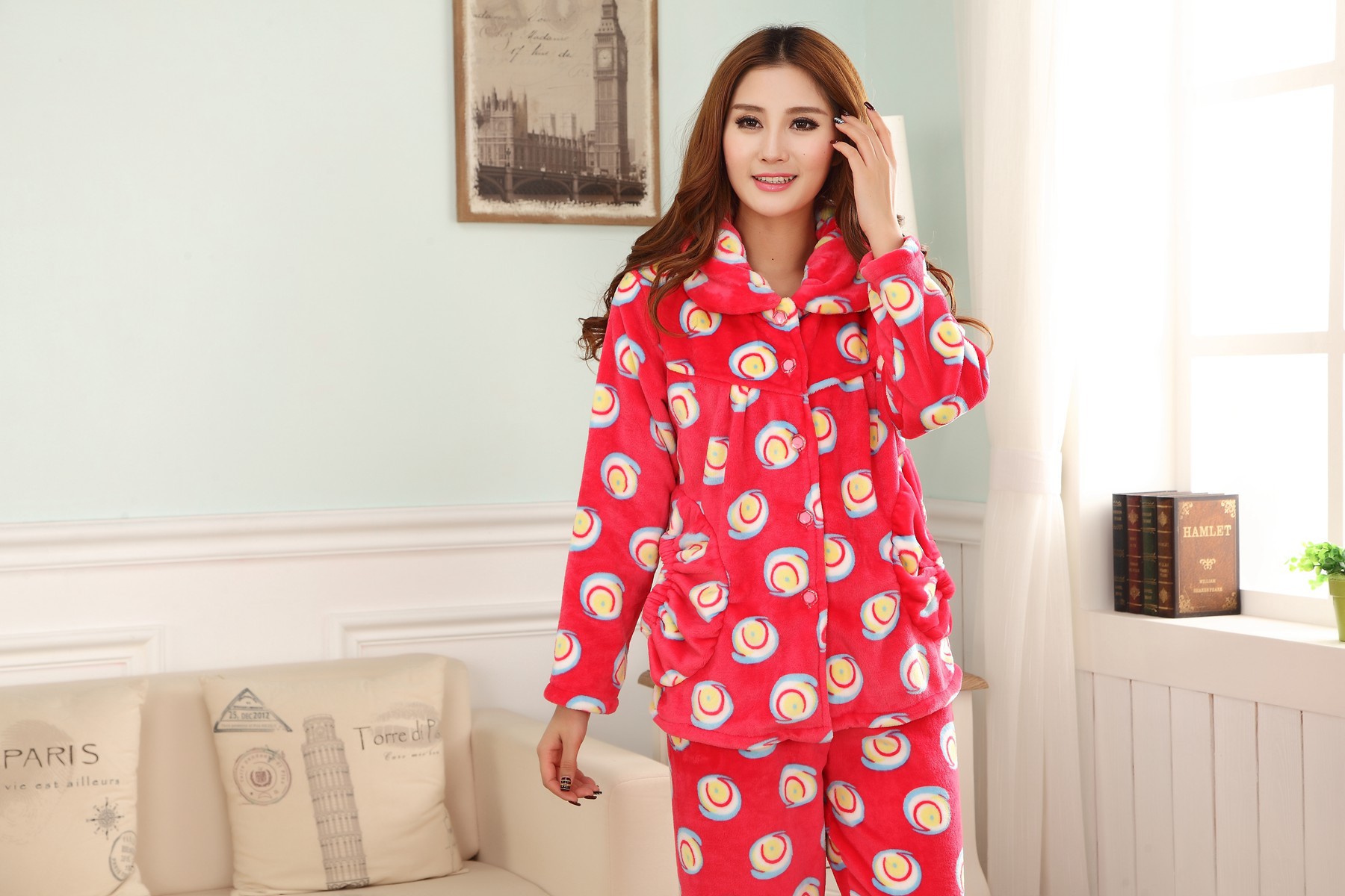 <em>睡衣</em>、家居服-秋冬季加厚<em>开衫睡衣</em>女法兰绒长