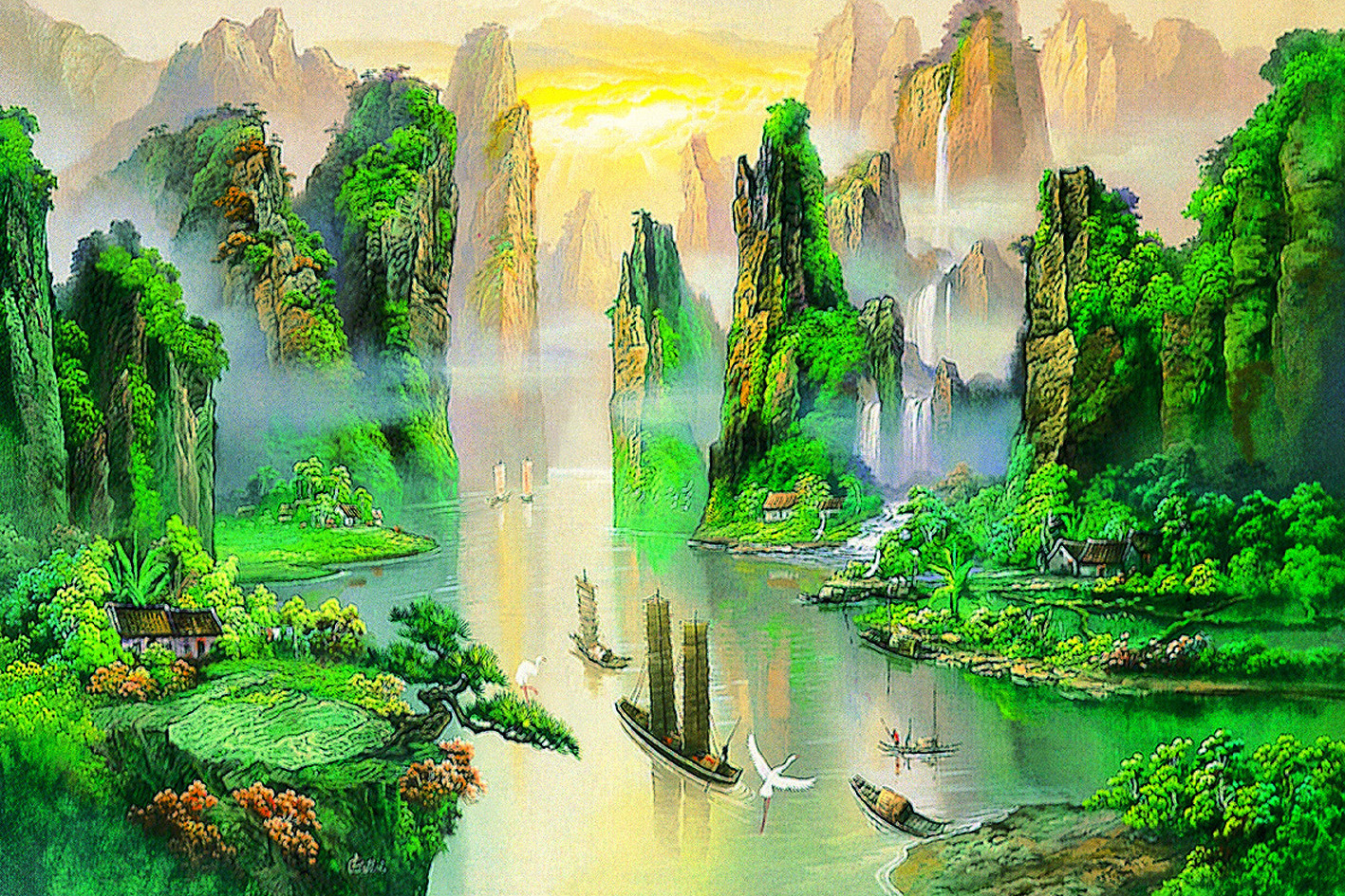 千里江陵山水风景画批发山水风景画批发客厅装饰画批发150*100cm