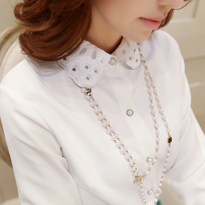 <em>2014年春季新款女装</em> 定做亮片镂空翻领白衬衫