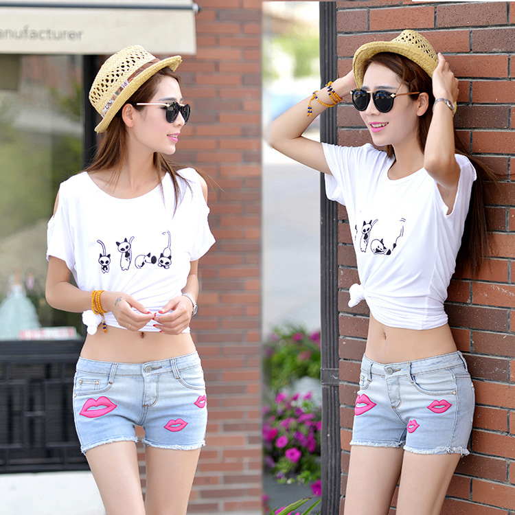 <em>2014新款牛仔</em>裤女大红嘴巴<em>女式牛仔短裤</em> 夏款