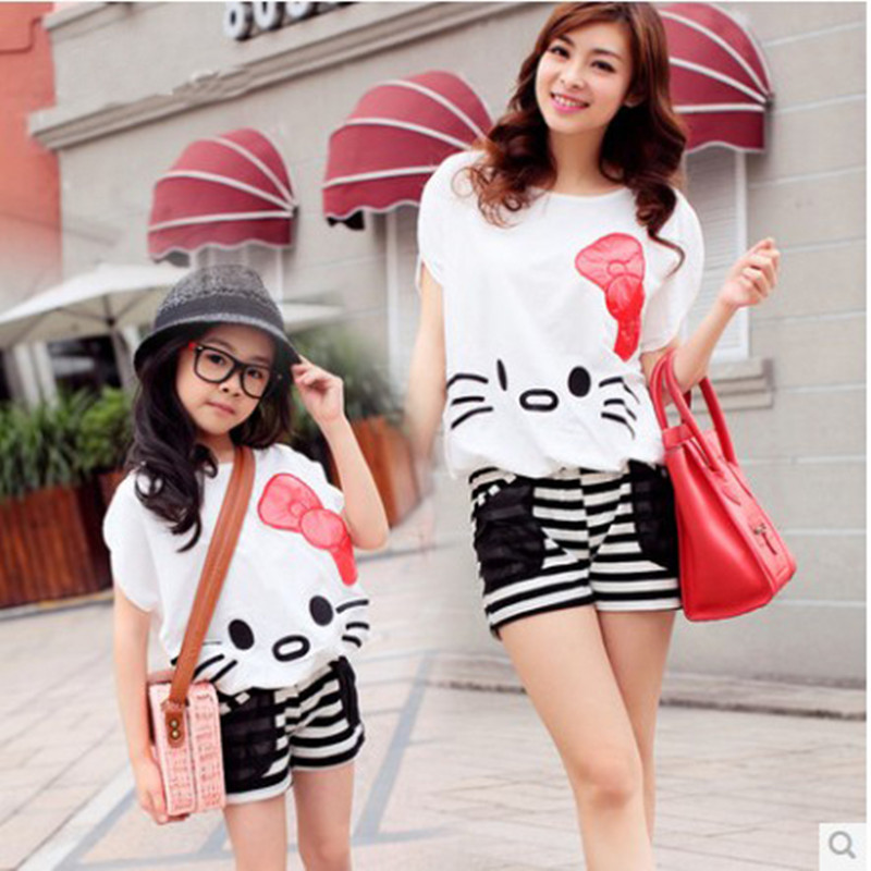 亲子装2014新款夏装<em>女童</em>Kitty猫卡通<em>蝙蝠衫</em>短