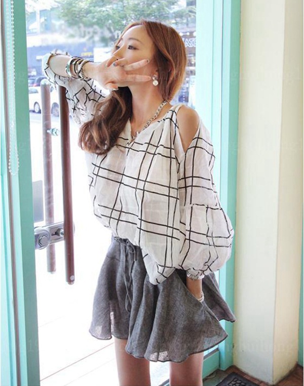 新款英伦宽松格子露肩衬衣绑带蓬松<em>麻质短裤</em>裙