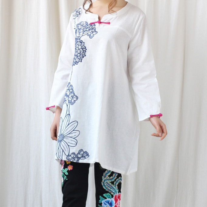 2014女春秋新款棉麻刺绣民族风长款中式盘扣