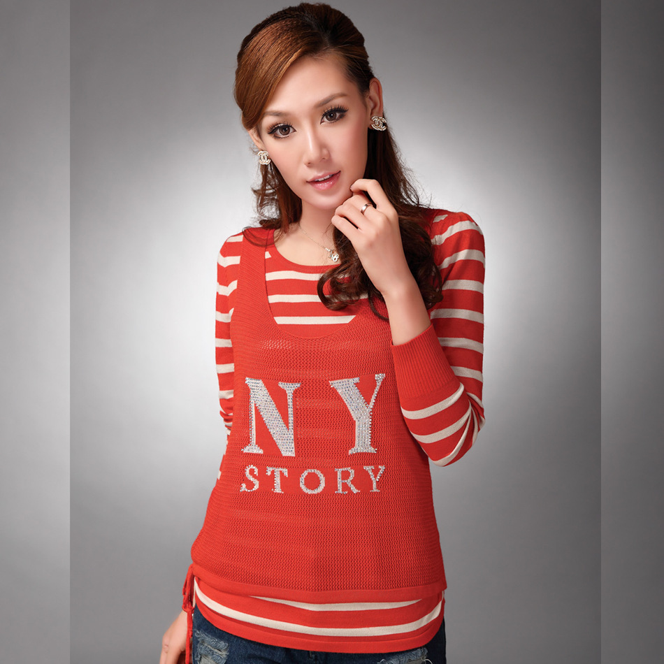 2014春装新款8018 <em>英文</em>提花条纹<em>毛衣</em>女式<em>针织</em>