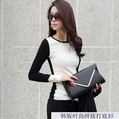 2014春秋装新款韩版女士长袖高领拼色T恤 纽