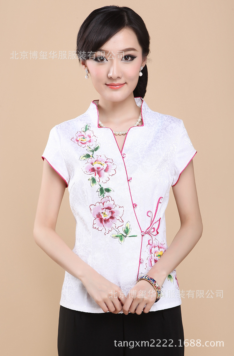 博玺华服厂家直销唐装 2014夏装新款女装上衣 小v领16036白色衬衫
