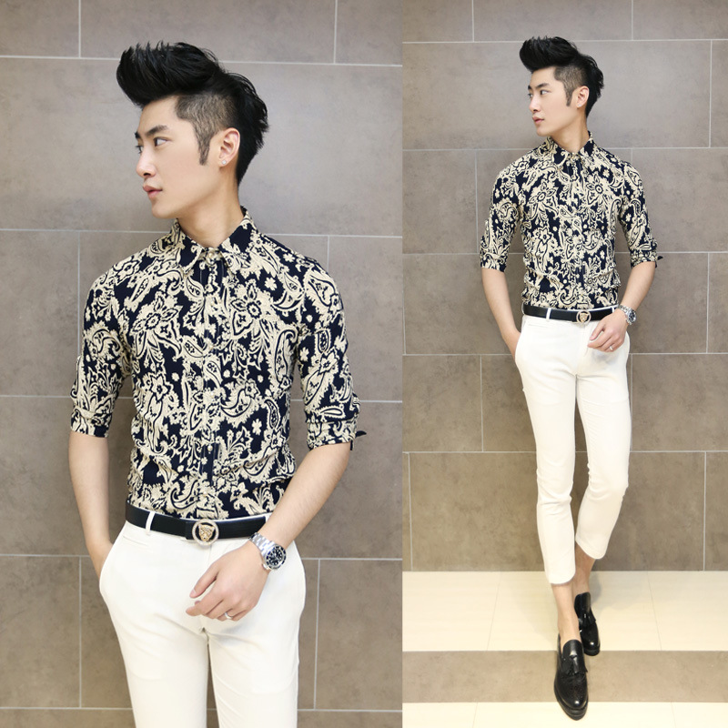 2014无法阻挡超<em>帅气</em>名族花纹垂感男士中袖衬