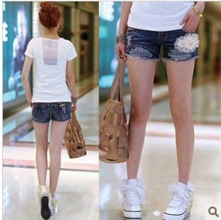 批发采购女式<em>牛仔</em>裤-夏装蕾丝花朵洗水蕾丝品