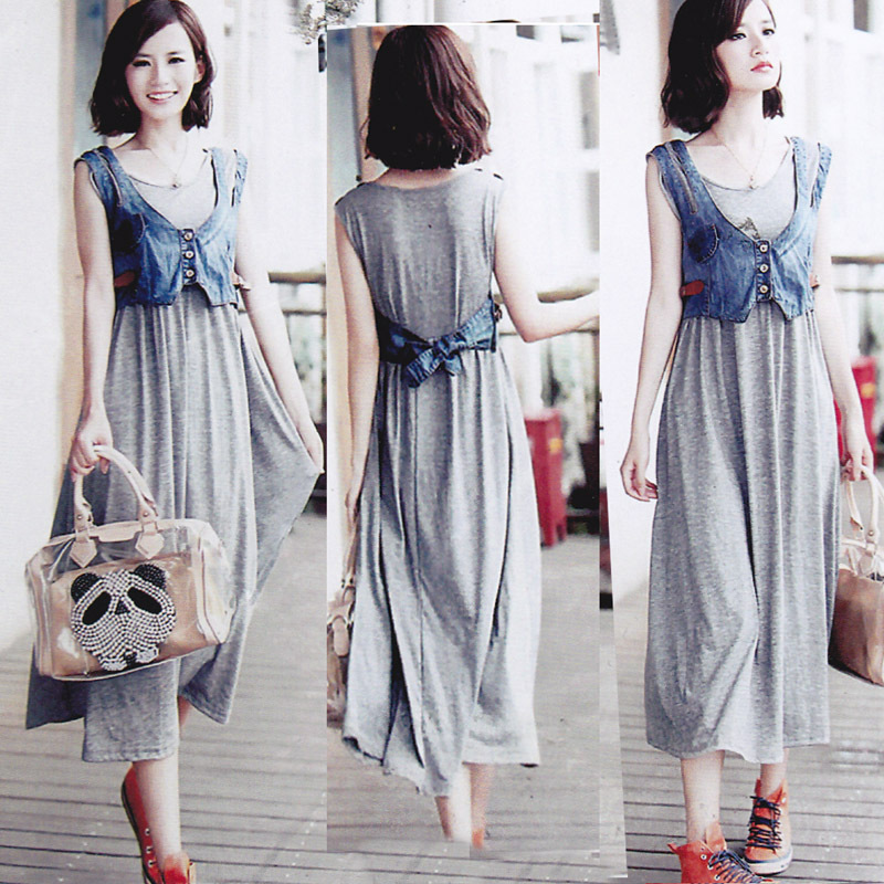 新款<em>背心</em>女式牛仔<em>连衣裙</em> 针织拼接牛仔<em>连衣裙</em>