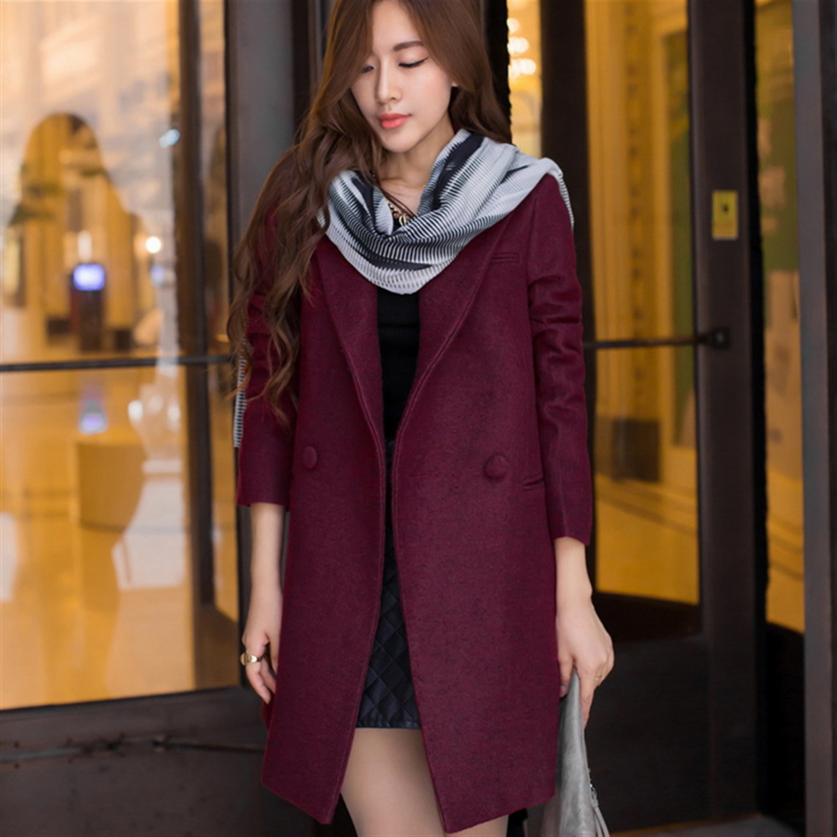 2014秋冬新款女装韩版修身中长款长袖毛呢外