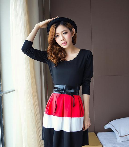 2014<em>日韩</em>外贸<em>女装</em>新款<em>春季</em>收腰彩色拼接大摆