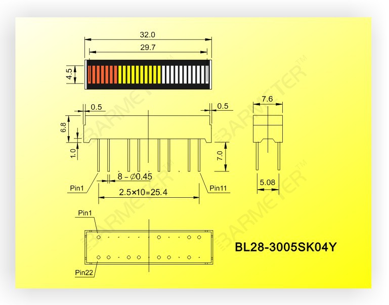 【厂家直销 28段30mm长 黄绿色LED光柱显示