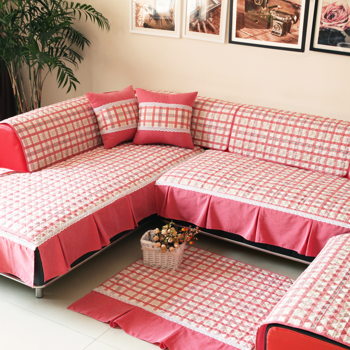 一朵棉麻沙发垫格子沙发坐垫欧式布艺沙发罩厚