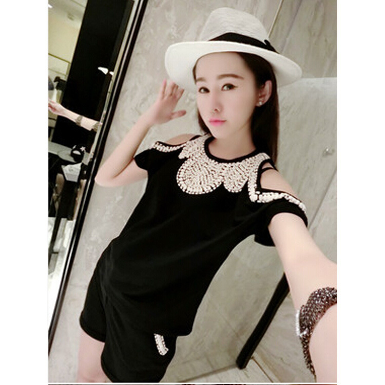 欧洲站<em>夏季</em>新款时尚<em>露肩</em>上衣+休闲<em>短裤套装</em> 微