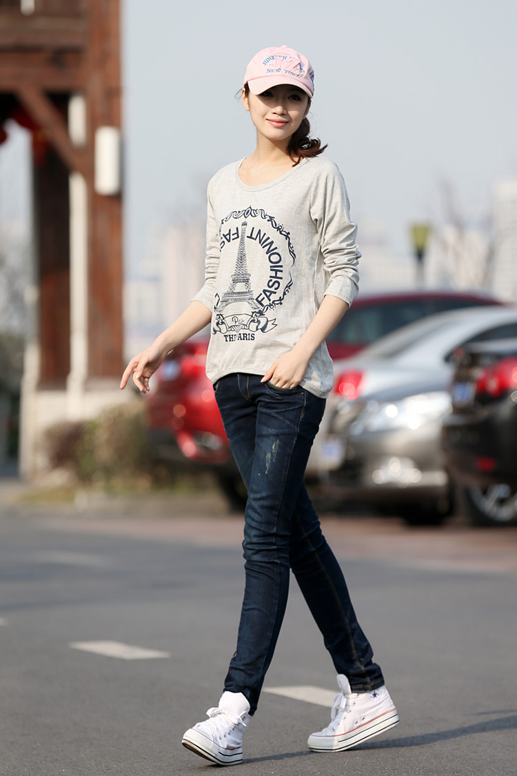 新款春装 韩版休闲<em>女装</em>T恤<em>批发</em> 圆领<em>长袖</em>印花