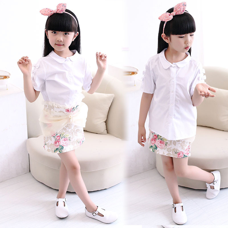2014韩版新款夏装女童衬衫全棉短袖白衬衫娃