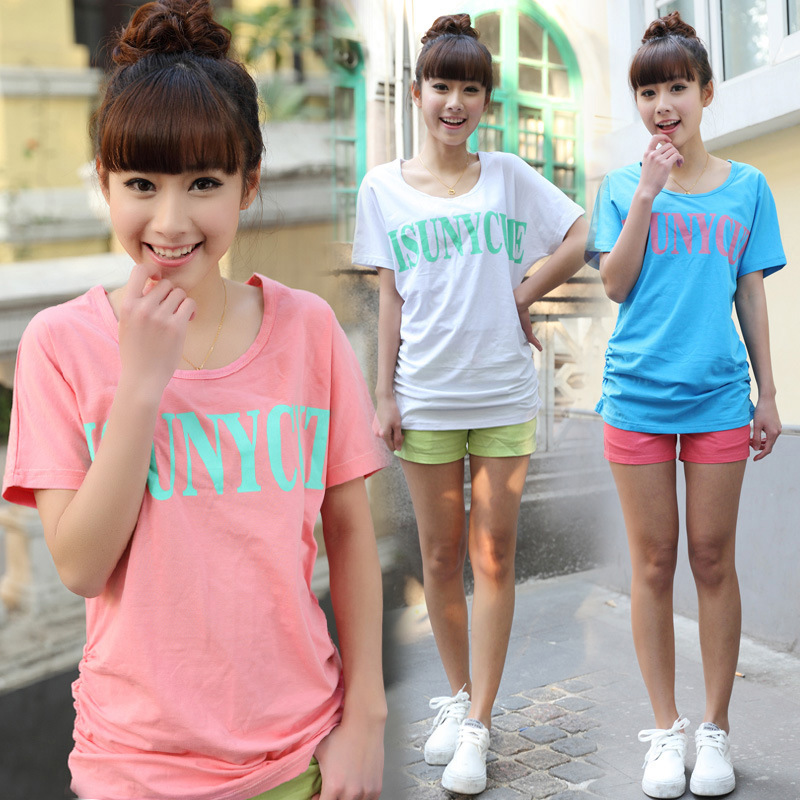 2014夏装新款 蝙蝠袖印花<em>韩版T恤女</em> mm短袖学