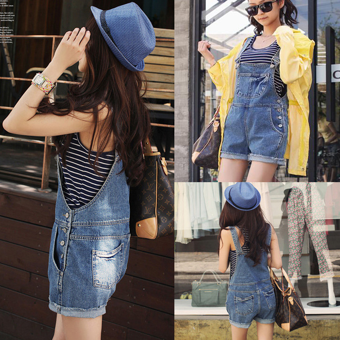 韩版潮女牛仔<em>背带短裤</em> 夏装新品宽松休闲连体