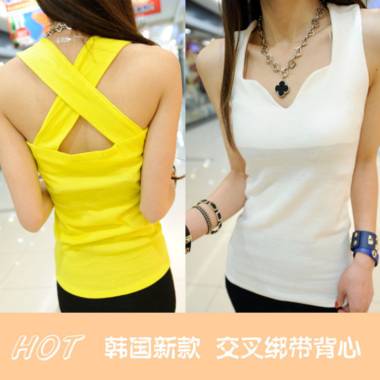2014<em>春季女装</em> 后背交叉全棉吊带<em>背心</em> 韩版性感