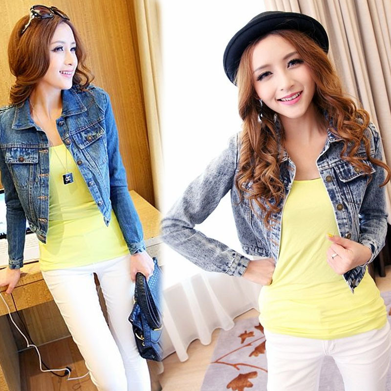 春秋新款<em>女外套</em>搭<em>开衫</em> 做旧耸肩<em>短款</em>小牛仔外